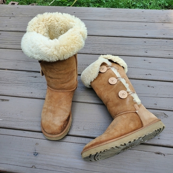 UGG Bailey Button Triplet Chestnut Suede Sheepskin Shearling Tall Fold Over Boot - Picture 2 of 10